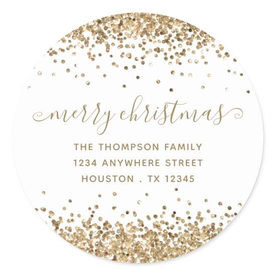 Gold Glitter Merry Christmas Name Return Address Classic Round Sticker