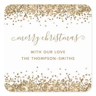 Gold Glitter Merry Christmas Script Names White  Square Sticker