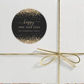Gold Glitter Name Black Happy New Year 2024 Classic Round Sticker