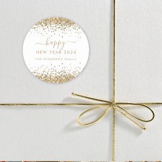 Gold Glitter Name White Happy New Year 2024 Classic Round Sticker