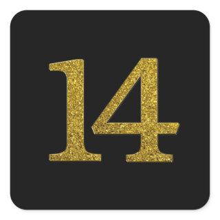 Gold Glitter Number 14 Wide Font Square Sticker