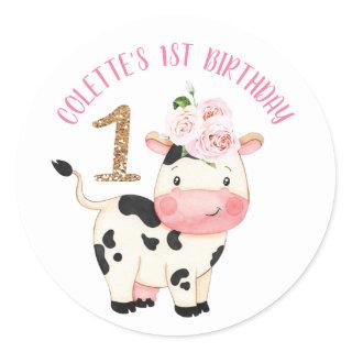 Gold Glitter One Cow  Moos First Birthday Classic Round Sticker