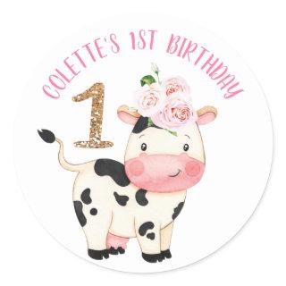 Gold Glitter One Cow  Moos First Birthday Classic Round Sticker