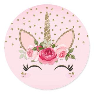 Gold Glitter & Pink Floral Unicorn Birthday Party Classic Round Sticker