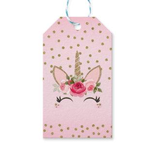 Gold Glitter & Pink Floral Unicorn Birthday Party Gift Tags