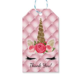 Gold Glitter & Pink Roses Unicorn Birthday Party Gift Tags