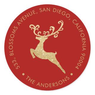 Gold Glitter Reindeer Red Return Address Holiday Classic Round Sticker
