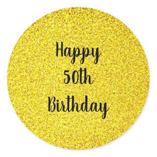 Gold Glitter Sparkle Happy Custom Age 50 Birthday Classic Round Sticker