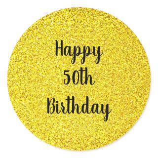 Gold Glitter Sparkle Happy Custom Age 50 Birthday Classic Round Sticker