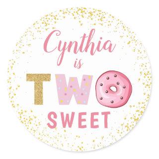 Gold Glitter Two Sweet Donut Girl 2nd Birthday Classic Round Sticker
