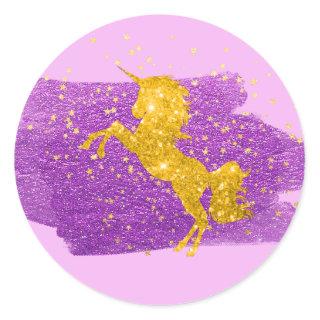 Gold Glitter Unicorn on Pink Classic Round Sticker
