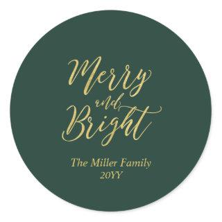 Gold & Green | Merry & Bright Christmas Holiday Classic Round Sticker