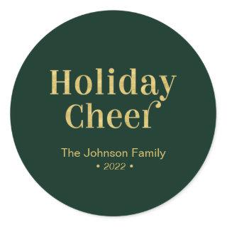 Gold & Green Modern Christmas Holiday Cheer Classic Round Sticker
