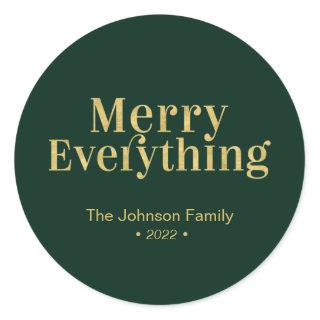 Gold & Green Modern Merry Everything Christmas Classic Round Sticker