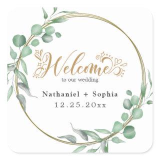 Gold Greenery Wedding Welcome Square Sticker