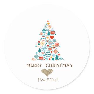 Gold Heart, Pine Tree Colorful Balls Christmas Classic Round Sticker