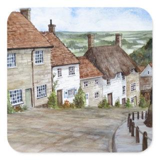 Gold Hill, Shaftesbury, Dorset Watercolor Painting Square Sticker