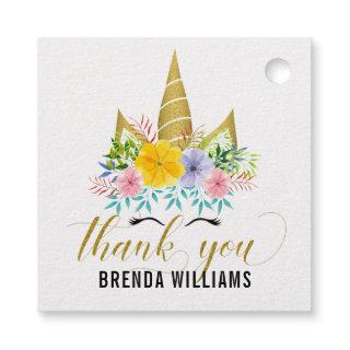 Gold horn unicorn & flowers, thank you typography foil favor tags
