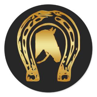 GOLD HORSESHOE AND HORSE HEAD CLASSIC ROUND STICKER