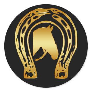 GOLD HORSESHOE AND HORSE HEAD CLASSIC ROUND STICKER