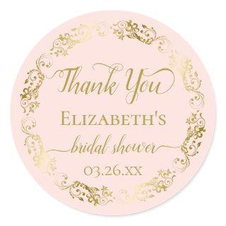 Gold Lace on Blush Pink Bridal Shower Thank You Classic Round Sticker