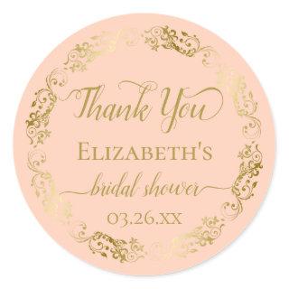 Gold Lace on Coral Peach Bridal Shower Thank You Classic Round Sticker