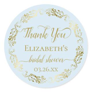 Gold Lace on Powder Blue Bridal Shower Thank You Classic Round Sticker
