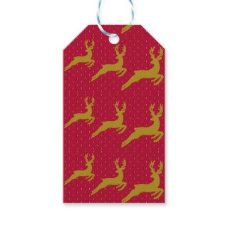 Gold Leaping Deer on Red Patterned Background Gift Tags