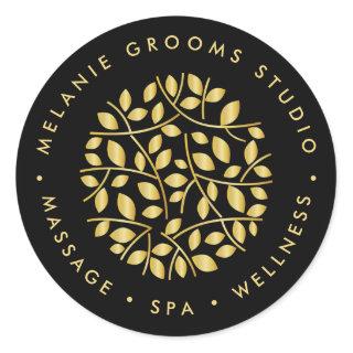 Gold leaves logo | Black wellness massage yoga spa Classic Round Sticker
