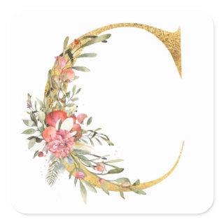 Gold letter C with flowers Square Sticker