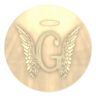 Gold Letter G Angel Monogram Classic Round Sticker