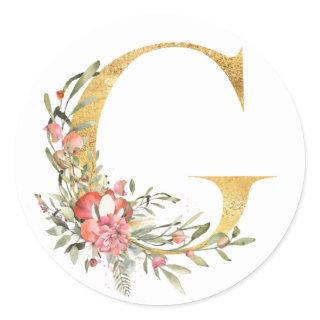 Gold letter G with flowers Classic Round Sticker