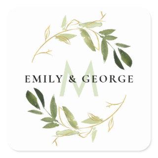 GOLD LIME GREEN FOLIAGE MONOGRAM WREATH WEDDING SQUARE STICKER