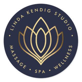 Gold lotus yoga symbol | Blue wellness massage spa Classic Round Sticker