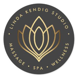 Gold lotus yoga symbol | Grey wellness massage spa Classic Round Sticker