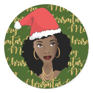 Gold Merry Christmas, Black Woman Santa Hat, Green Classic Round Sticker
