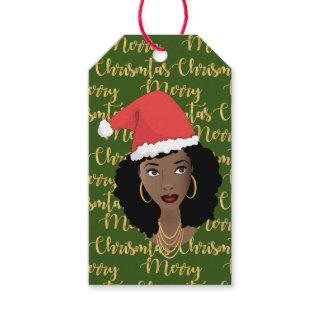 Gold Merry Christmas, Black Woman, Santa Hat Green Gift Tags