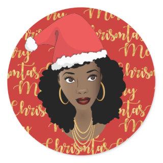 Gold Merry Christmas, Black Woman, Santa Hat, Red Classic Round Sticker