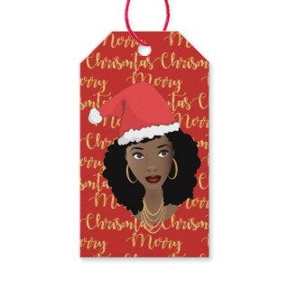 Gold Merry Christmas, Black Woman, Santa Hat, Red Gift Tags