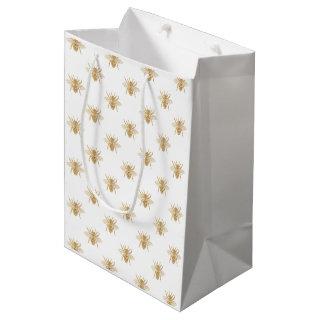 Gold Metallic Faux Foil Photo-Effect Bees on White Medium Gift Bag