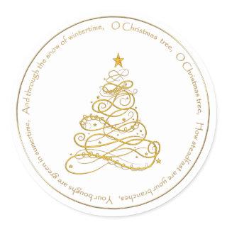 Gold Metallic Filigree "O Christmas Tree" Lyrics Classic Round Sticker