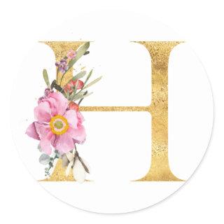 Gold MONOGRAM letter H with flowers Classic Round Sticker