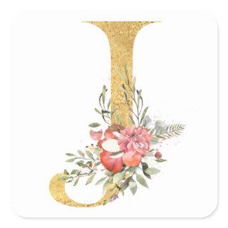 Gold MONOGRAM letter J with flowers Square Sticker