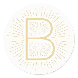 Gold Monogram Letter Shining Gold Rays Classic Round Sticker