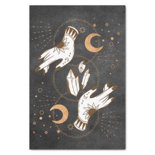 Gold moon phases crystals henna tattoo hands stars tissue paper
