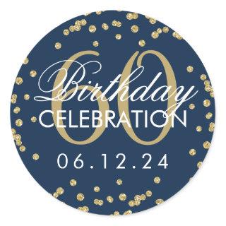 Gold Navy Blue 60th Birthday Glitter Confetti Classic Round Sticker