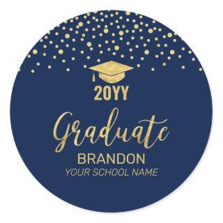 Gold Navy Confetti 2023 Graduation Party Favor Classic Round Sticker