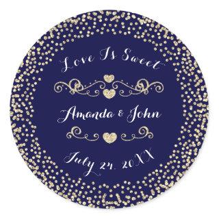 Gold Navy Glitter Save the Date Love is Sweet Classic Round Sticker