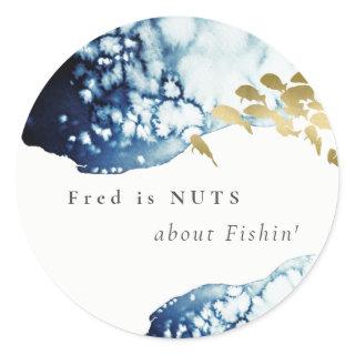 Gold Navy Underwater Fish  Nuts About Fishing Classic Round Sticker