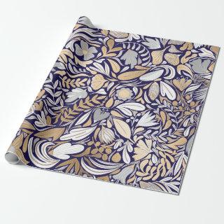 Gold Navy White Floral Leaf Illustration Pattern